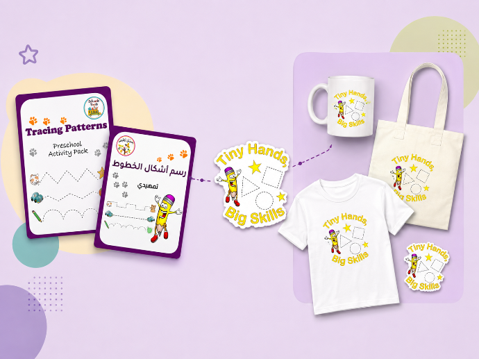 English and Arabic learning resources with matching merchandise