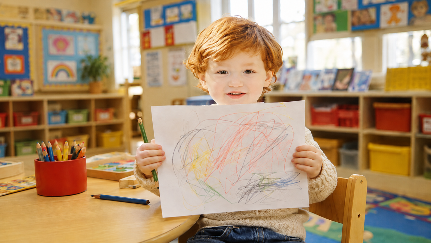 Preschool child proudly holding a colorful scribble drawing in a classroom